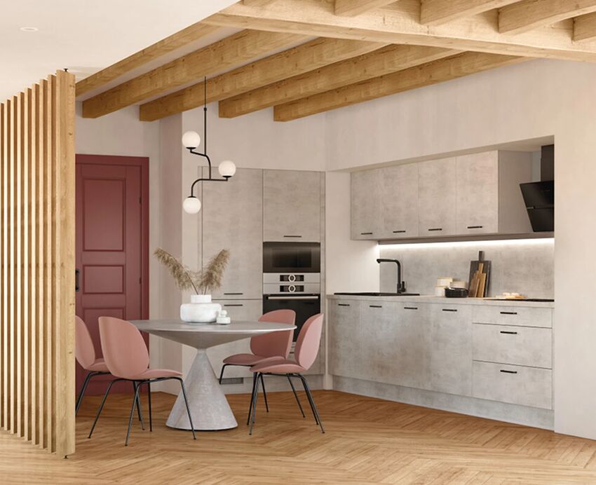 KUBE Riva modern kitchen in Concrete Grey with wooden beams