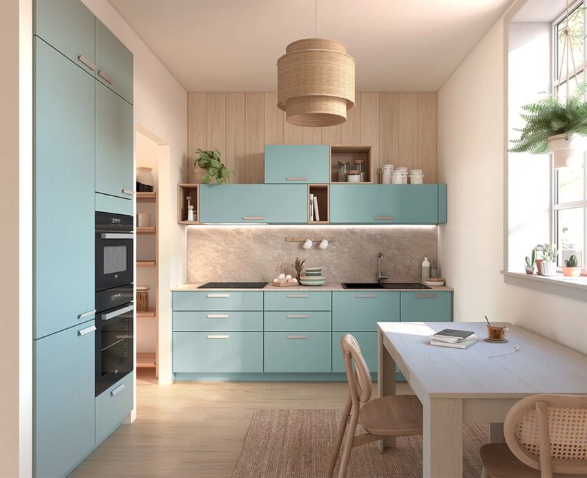 KUBE Touch modern kitchen in Aqua with wooden panelling